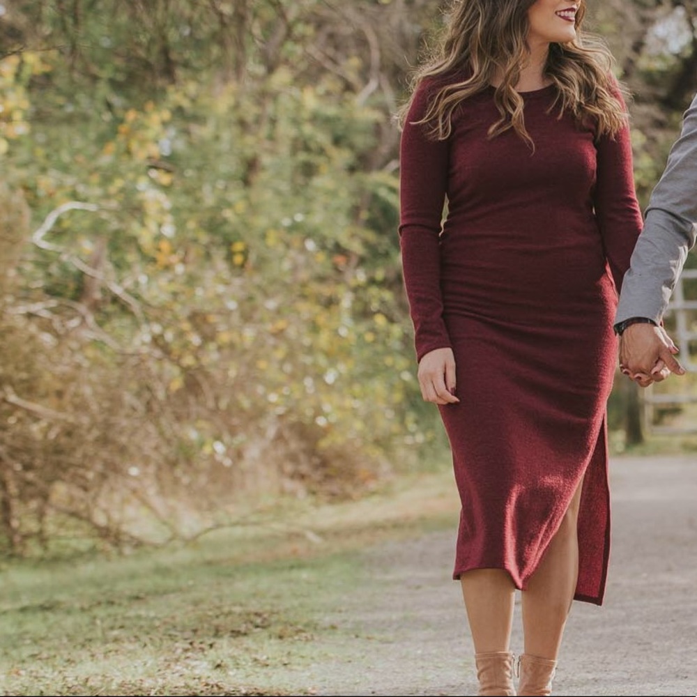 Maroon midi dress.